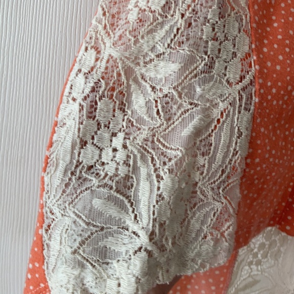 Exhilaration orange peach sheer Floral lacy button front Highlow shirt blouse - Picture 3 of 17